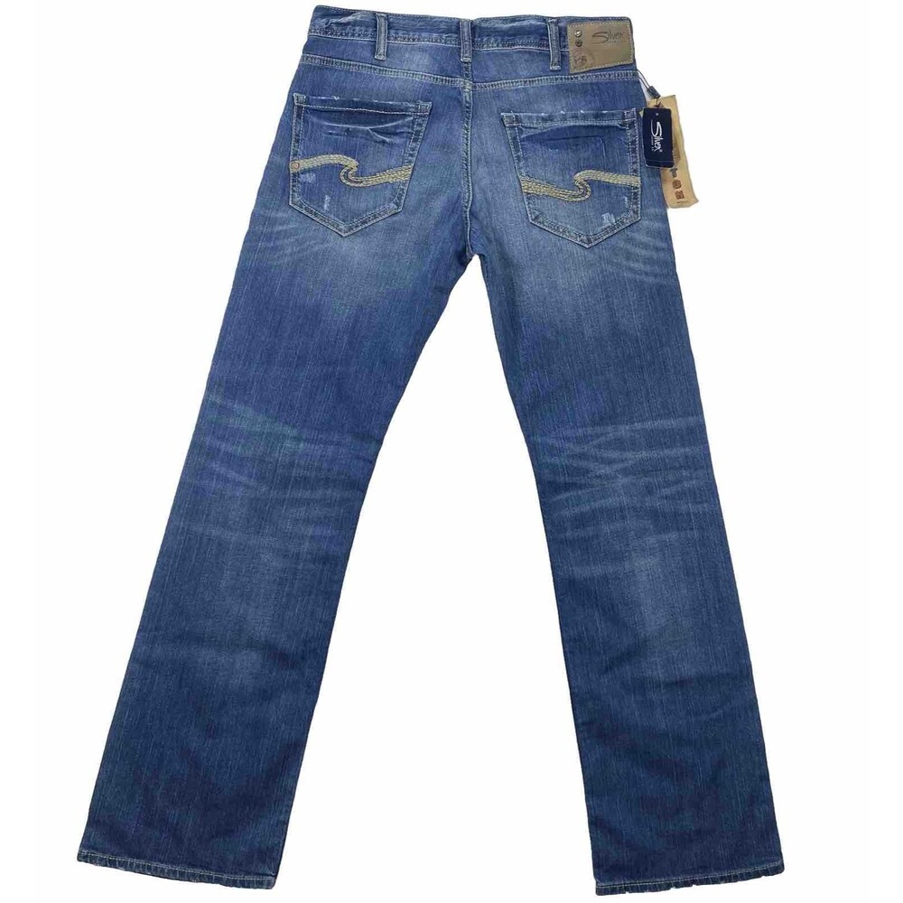 Silver Jeans Zac Mens 32x34 Blue Medium Wash Straight Leg Stretch Distressed